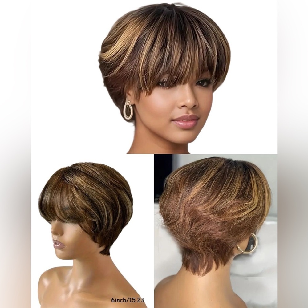 180% Density Short Pixie Cut Human Hair Wig, 6 Inch Brown with Blonde Highlights